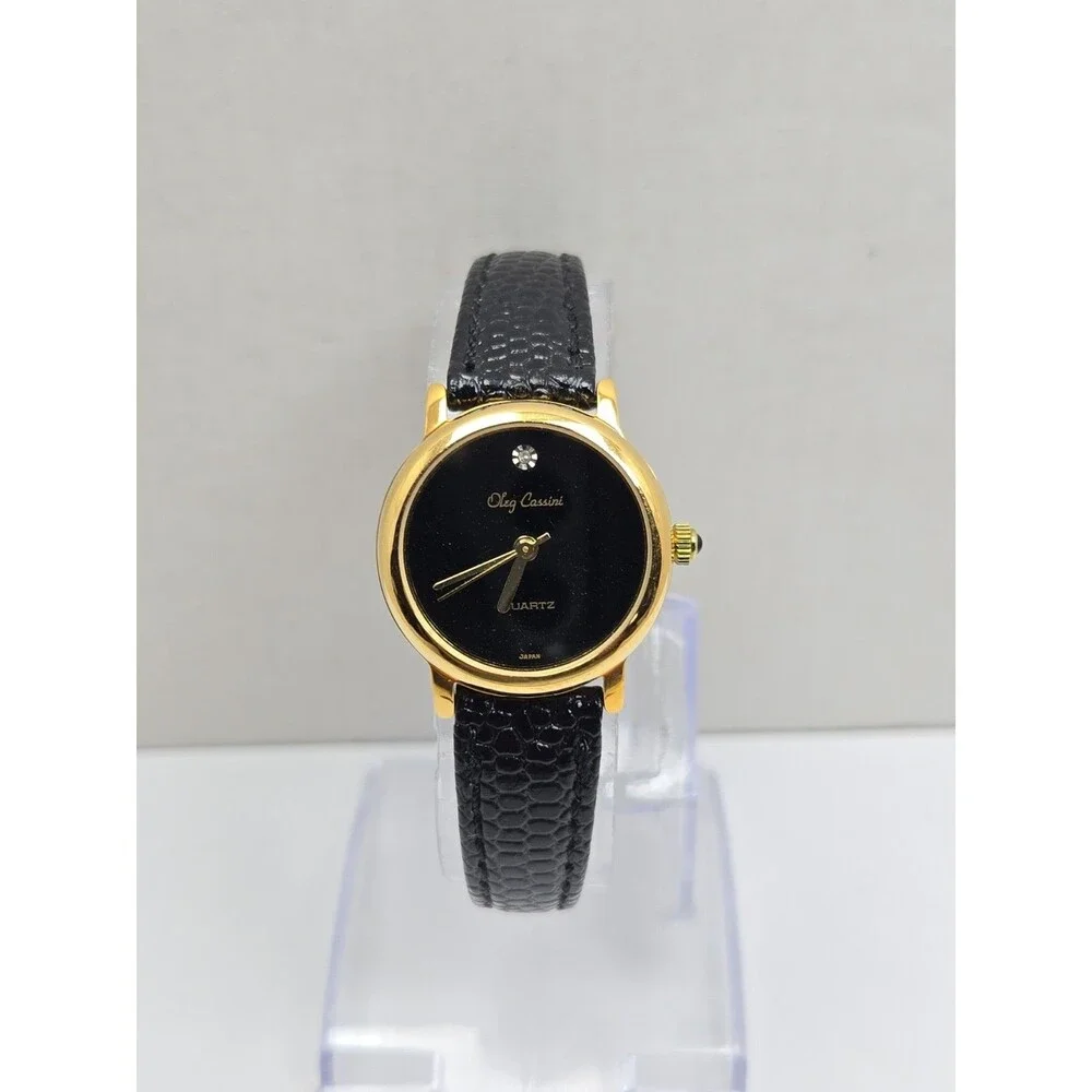Oleg Cassini Womens Diamond Accent Black Dial Gold Tone Quartz Watch New Battery